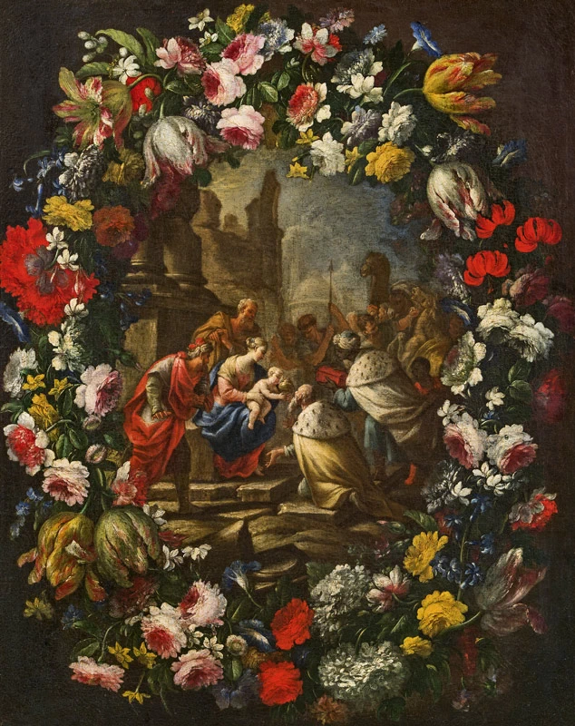 Adorazione dei Magi in una ghirlanda di fiori